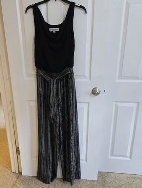 Emma & Michele Black Top with Metallic-Striped Wide-Leg Pants Jumpsuit Size M